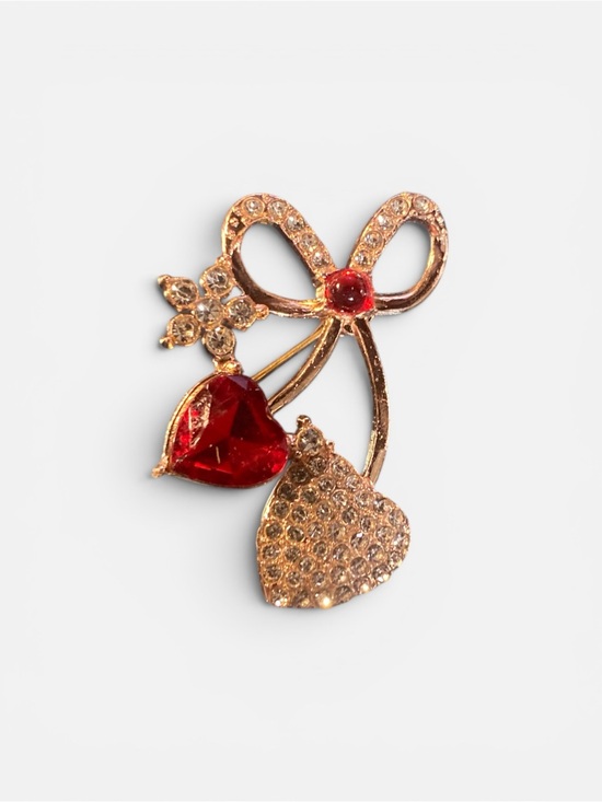 Jewelry - Gold-Tone Red Heart Crystal Bow Brooch